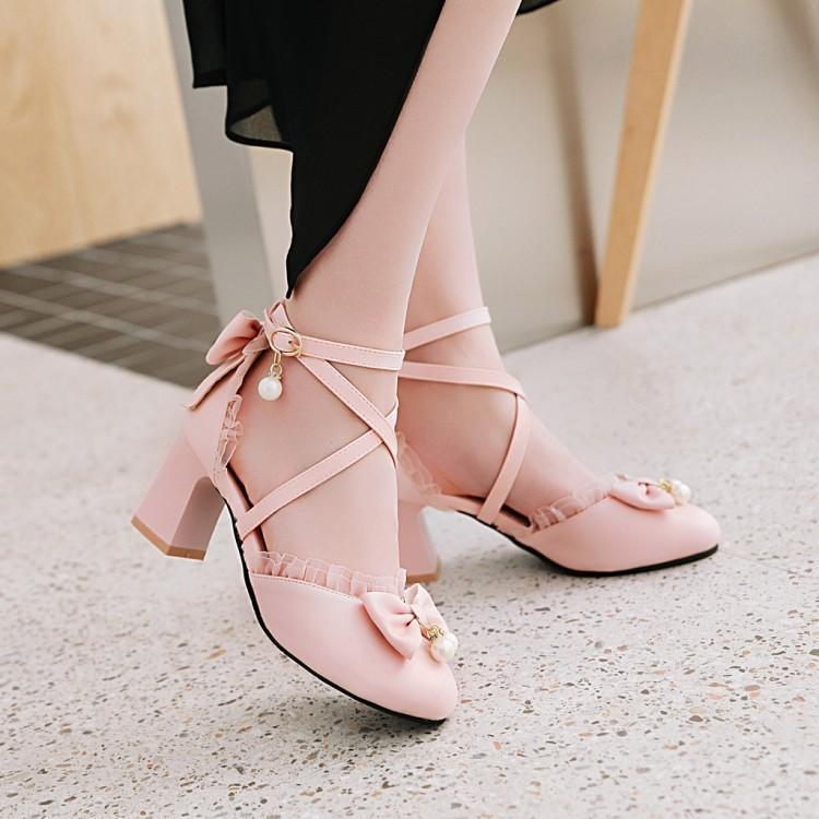 Pink bow cross strap block heel sandals Di606