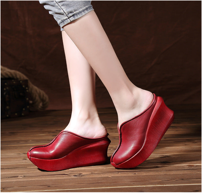 Women's genuine leather thick-soled platform and toe-toe casual slippers LD228