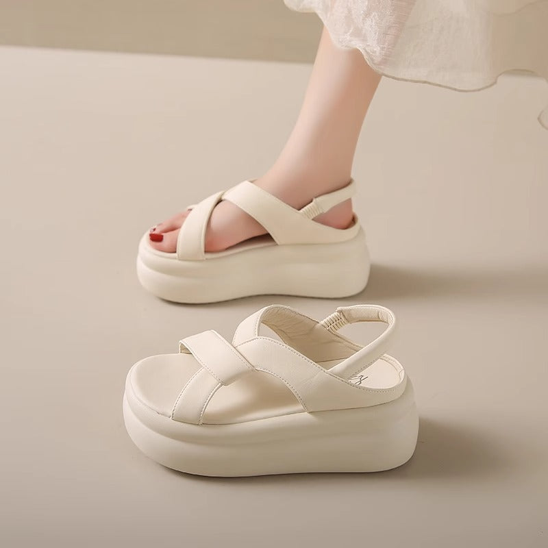 7cm Height Increase Thick-soled Genuine Leather Sandals New Cross Strap Sandals LD292