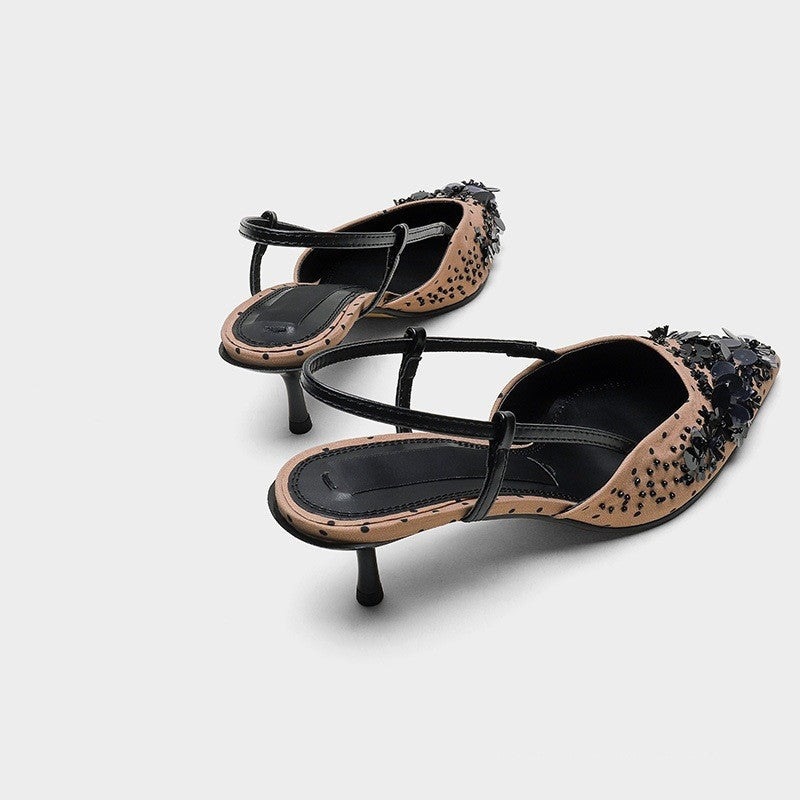 Pointed toe shallow mouth beaded sequined high heels with a buckle strap and stiletto heel sandals JC037