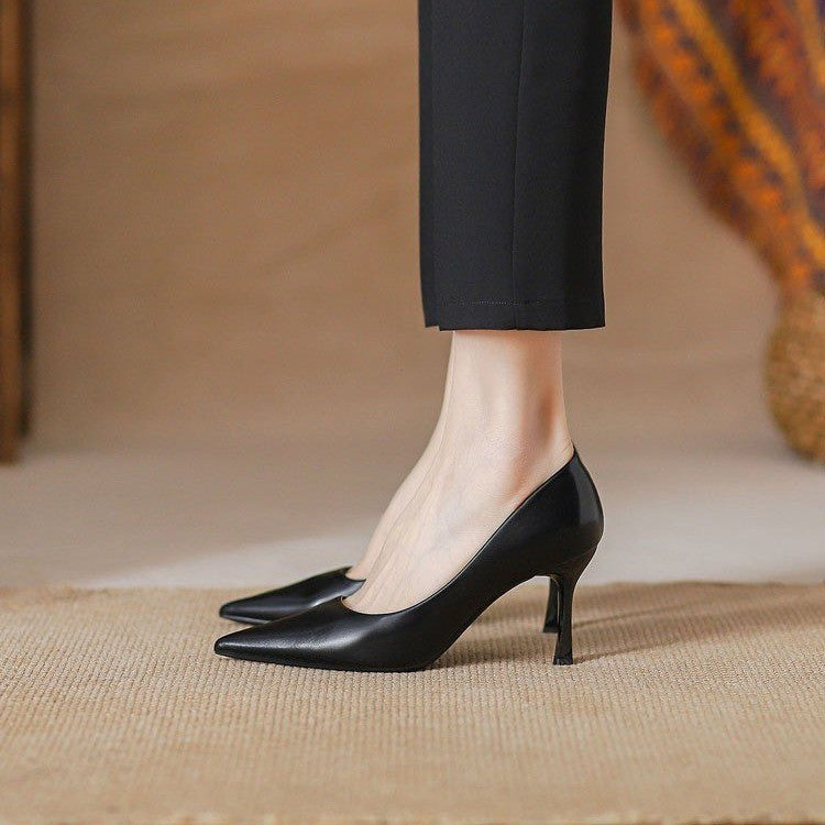 Temperament black pointed high heel leather shoes LY1065