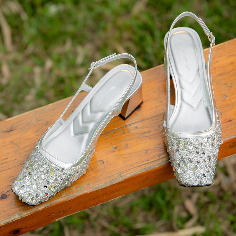 French square toe shallow mouth mid-heel closed toe sandals for women summer sequin fairy style wedding shoes with a strap and empty back CE024