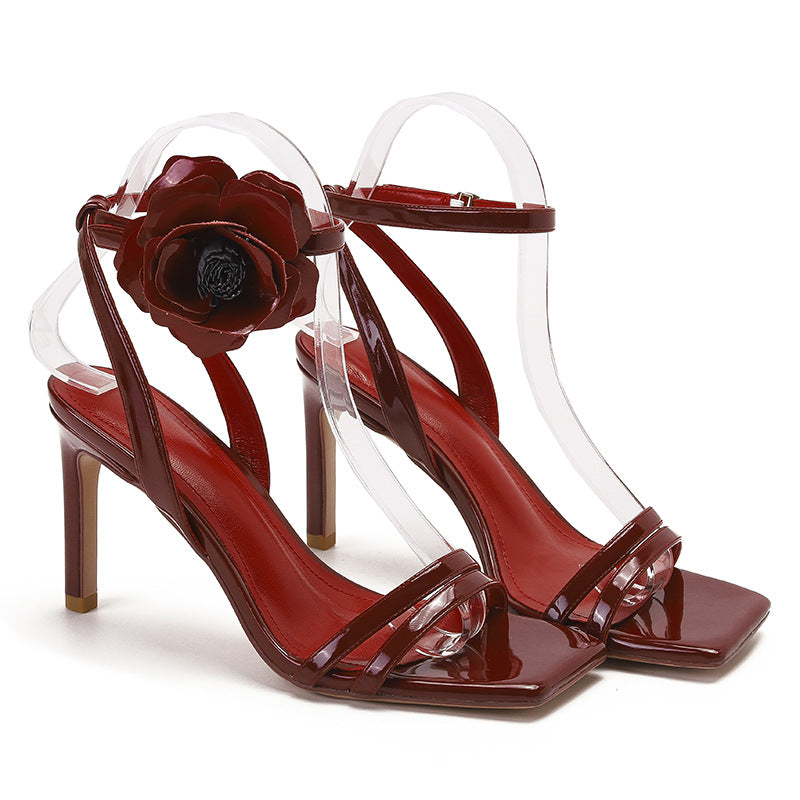High Quality Patent Leather Floral Open Toe High Heel Sandals LD379