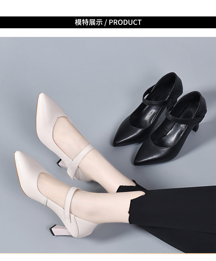 Pointed toe genuine leather shallow mouth thick heel all-match leather shoes H089