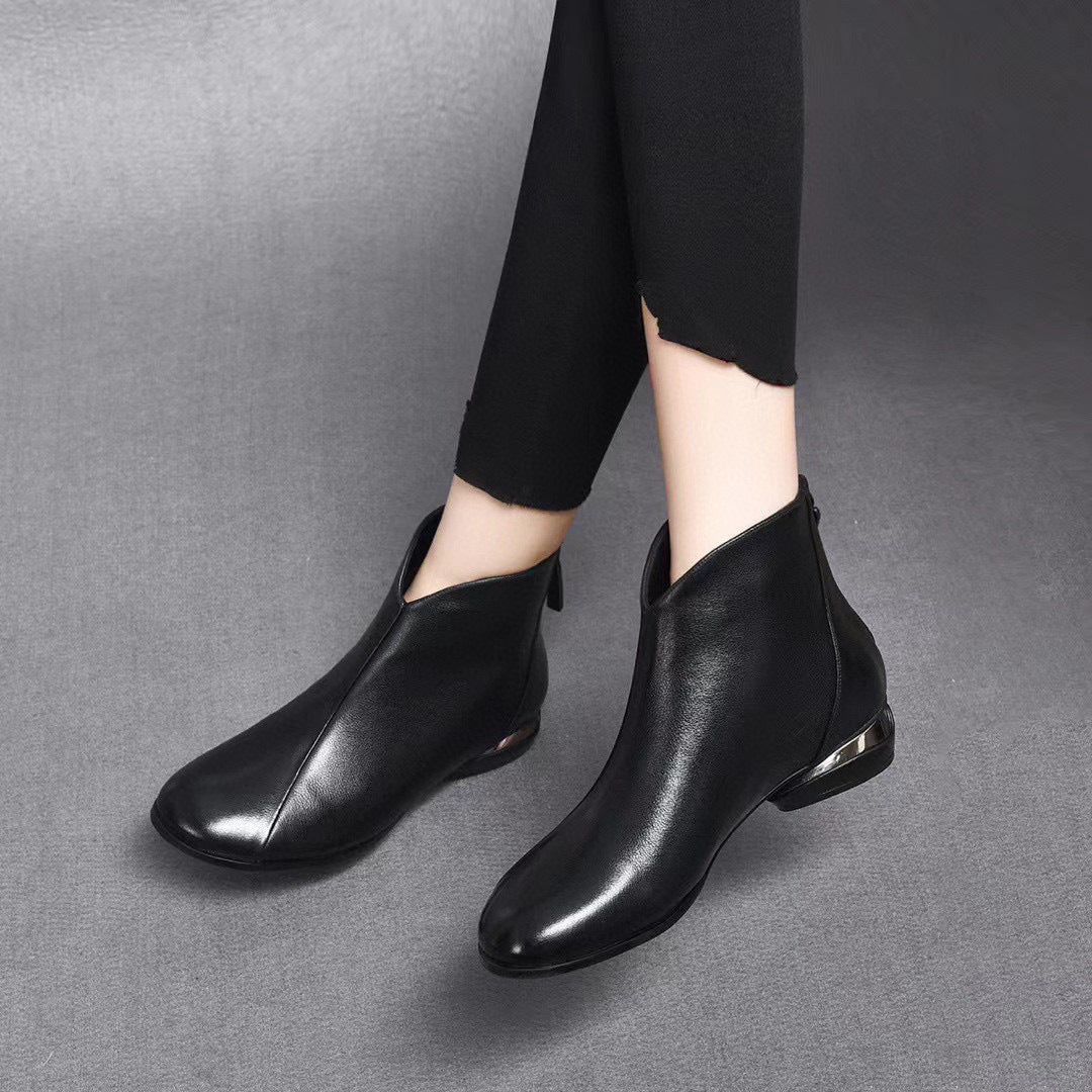 2024 new round toe genuine leather rear zipper low heel short boots G425 G427