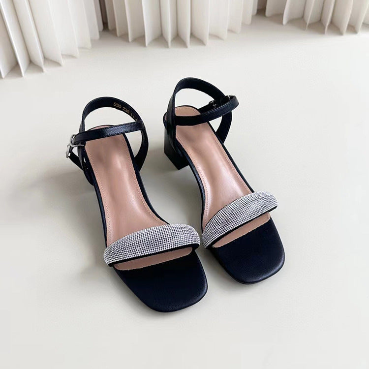 2024 New Sheepskin Rhinestone Strap Thick Heel Open Toe Women's Sandals G937