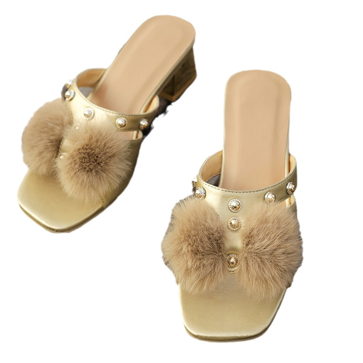 2024 Square Toe Rivet Chunky Heel Fashion Furry Sandals JC033