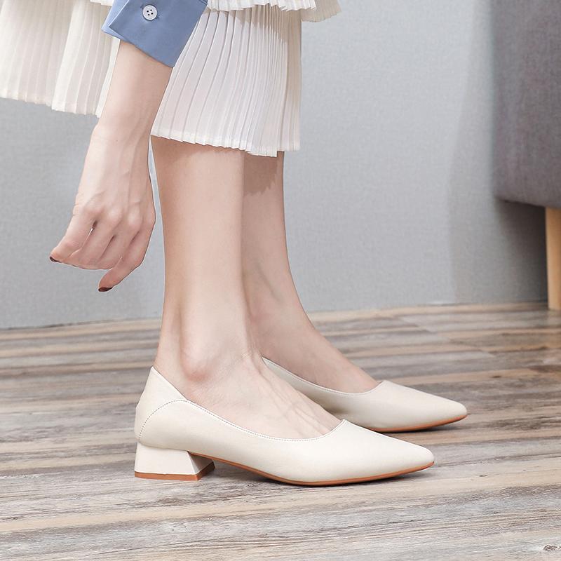 2024 Spring Chunky Heel Pointed Toe Simple All-match Low Heel Soft Leather Shoes MQ057