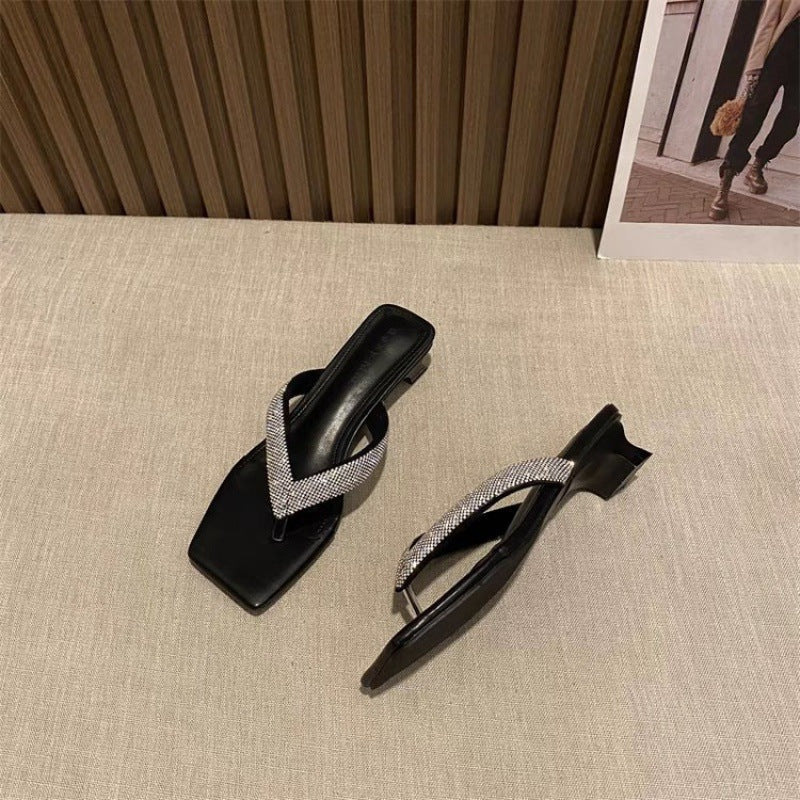 2024 summer new rhinestone flip flops temperament French style small high heel sandals LD106
