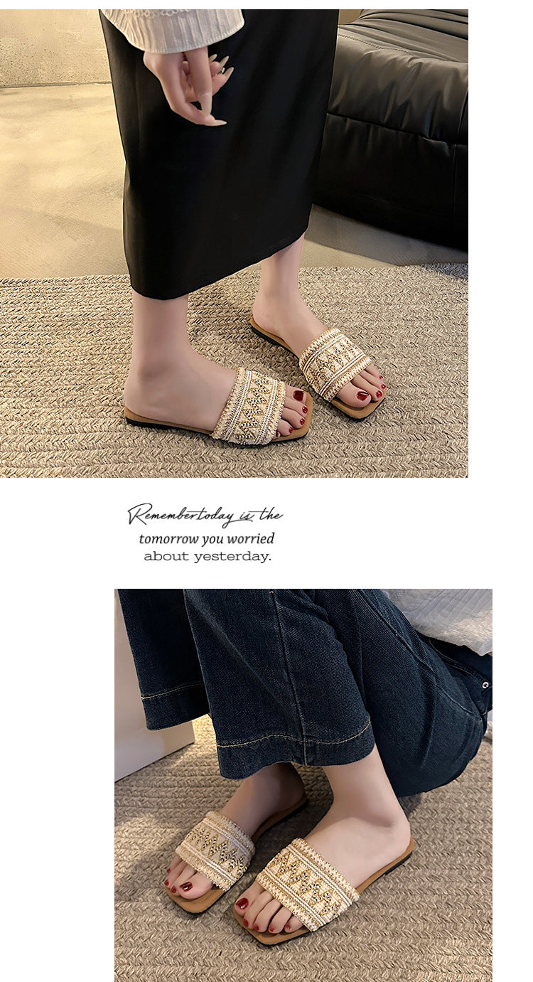 Summer new square toe rhinestone flat casual beach sandals CH729
