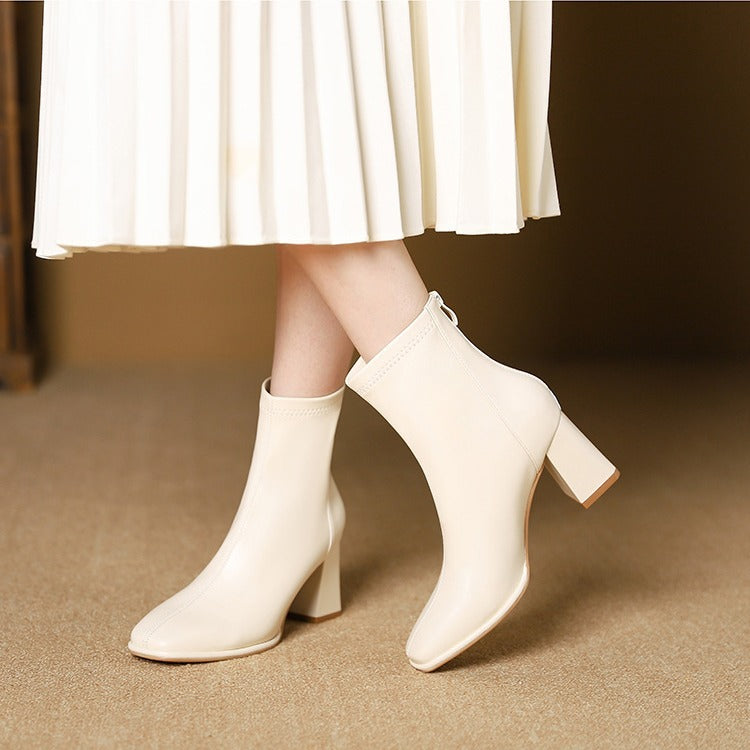 New autumn and winter square toe thick heel rear zipper short boots low-top Martin boots CH657