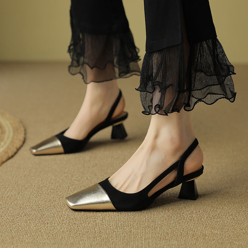 Color-blocked sheepskin toe-cap sandals for women, square-toe chunky heels, elegant high-heeled shoes G965