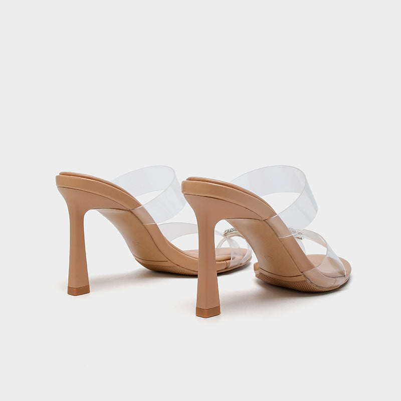 2024 Spring New Round Toe Transparent Rhinestone Buckle Slip-On Sandals V245