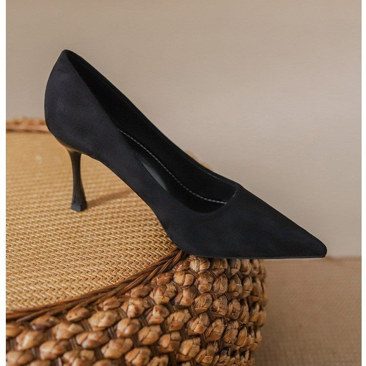 Professional black high heels for women, stiletto soft leather pointed toe work shoes CH679