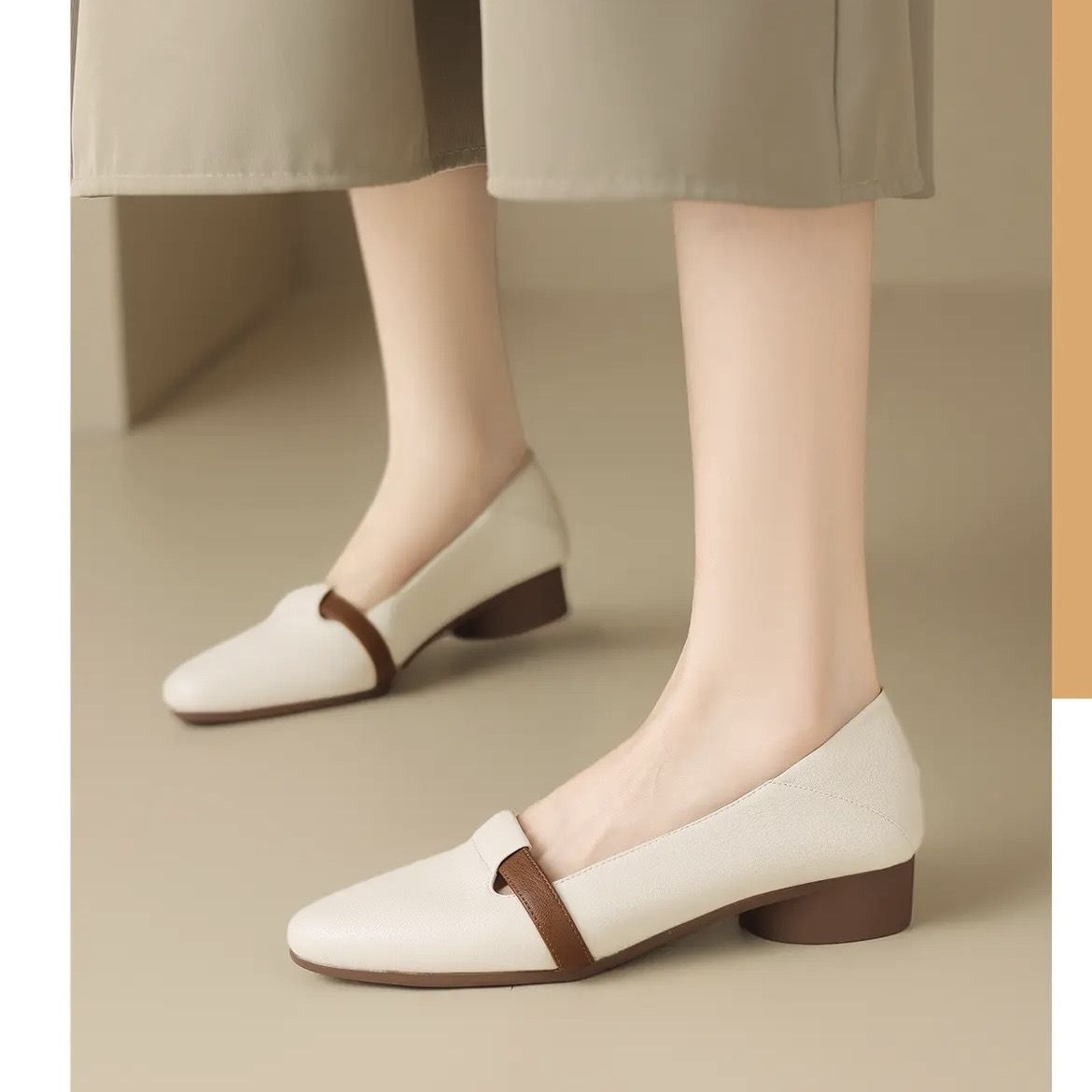 New leather color matching shallow mouth thick heel shoes LY1097