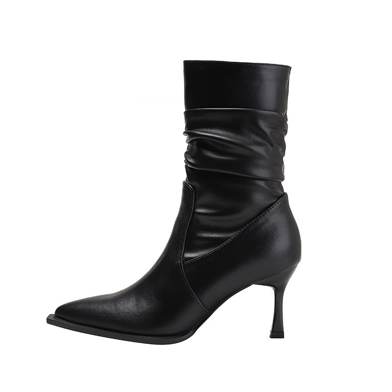 2024 autumn and winter retro black pointed new high-heeled mid-tube stacked boots CH826