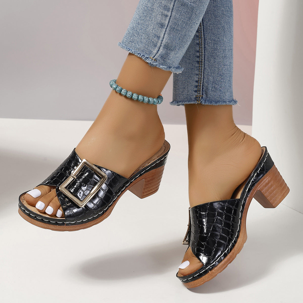 Block heel open toe wedge heel slippers G823