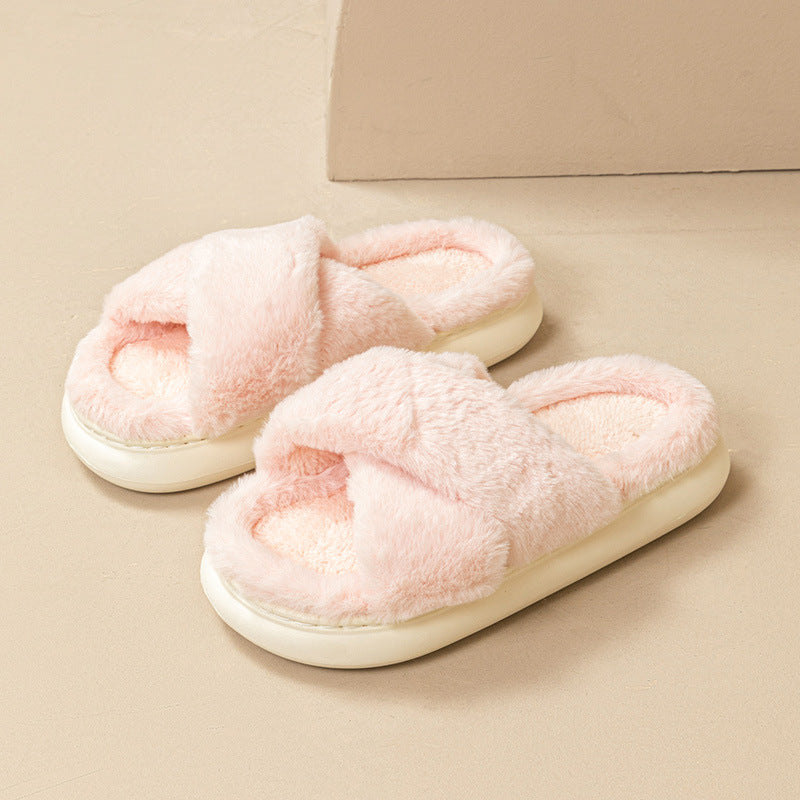 Women's autumn and winter cross strap non-slip thick sole home fur slippers H106