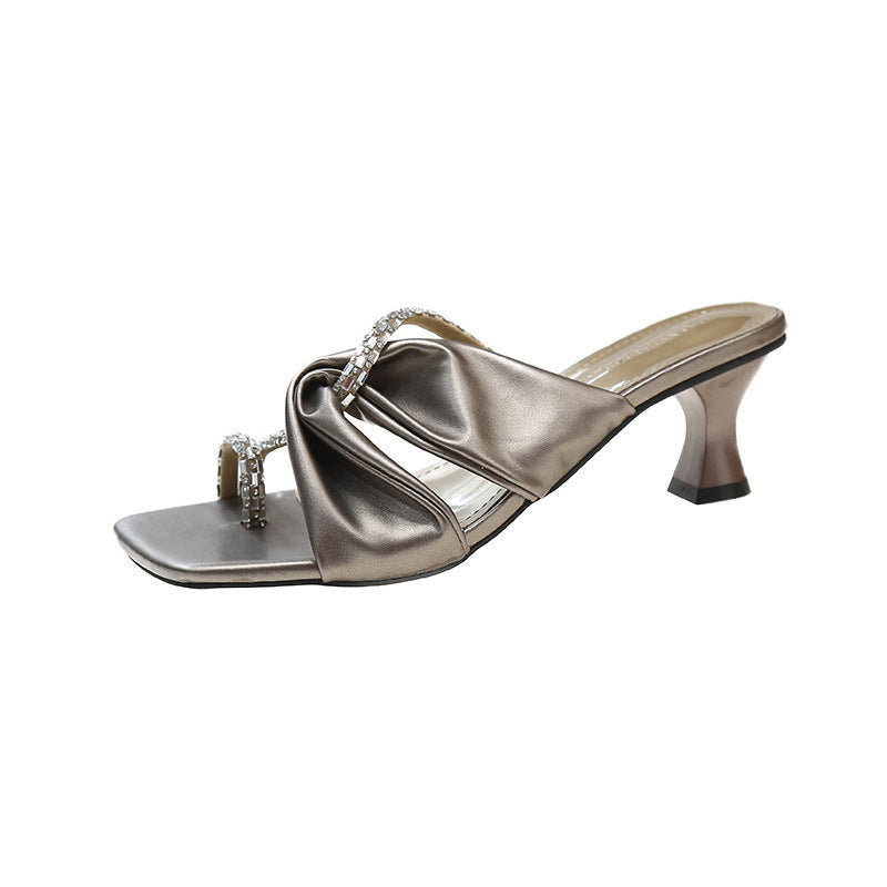 2024 Summer Retro Cross Strap Square Toe High Heels Rhinestone Fashion Sandals BV047