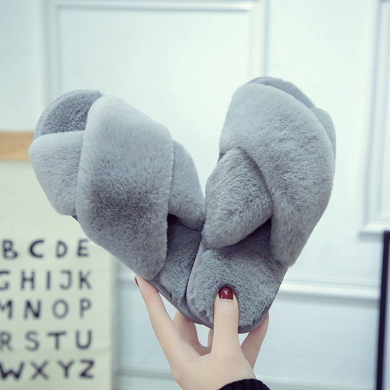 Women's cross open toe fur slippers flat cotton slippers G867