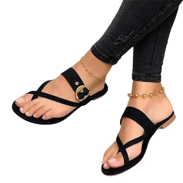 Flat thong metal belt buckle flat sandals for women LD094