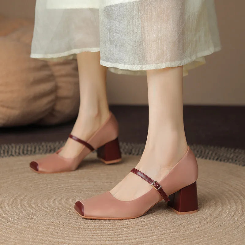 Pig nose square toe thick heel retro French high heels LD294