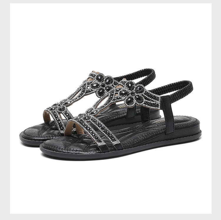 Large size hollow flat rhinestone sandals comfortable women's shoes LD320