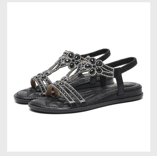 Large size hollow flat rhinestone sandals comfortable women's shoes LD320