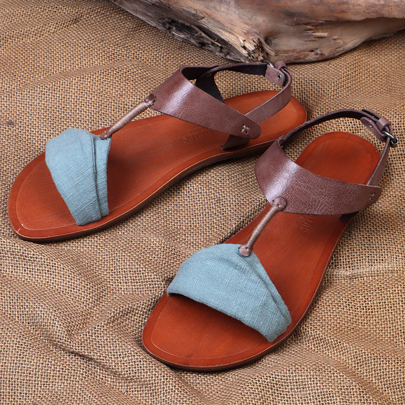 Genuine leather flat sandals for women open toe soft sole comfortable non-slip shoes G004