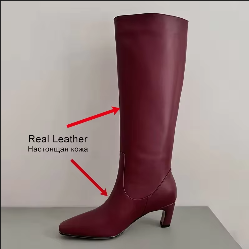 CH829 34-41 Women Knee Boots Real Leather Wide Calf Fall Winter Shoes 2025 Kitten High Heels Long Tall Boot Casual Dress