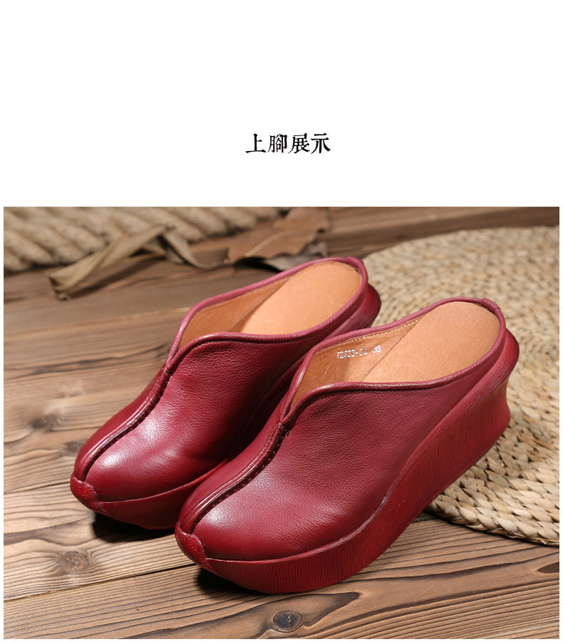 Women's genuine leather thick-soled platform and toe-toe casual slippers LD228
