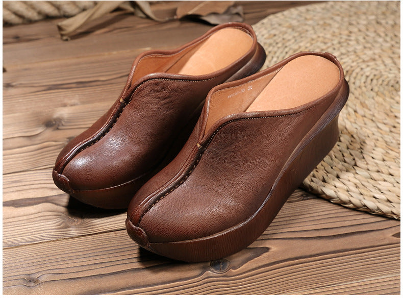 Women's genuine leather thick-soled platform and toe-toe casual slippers LD228
