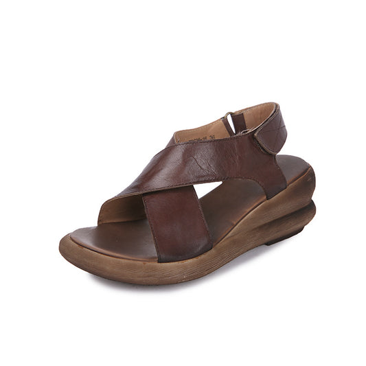 Summer wedge thick sole Velcro retro fashion non-slip leather sandals Ba100