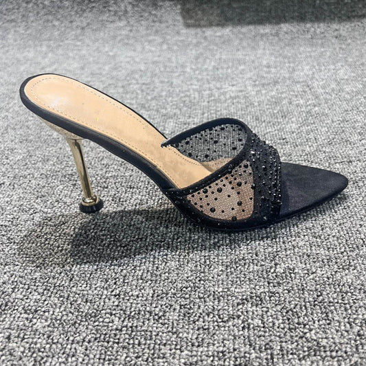 New high-heeled slippers with rhinestone pointed toe open-toe slippers LD226