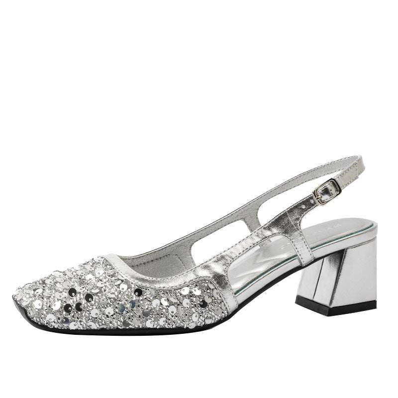 French square toe shallow mouth mid-heel closed toe sandals for women summer sequin fairy style wedding shoes with a strap and empty back CE024