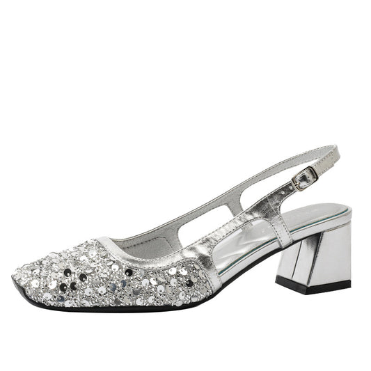 French square toe shallow mouth mid-heel closed toe sandals for women summer sequin fairy style wedding shoes with a strap and empty back CE024
