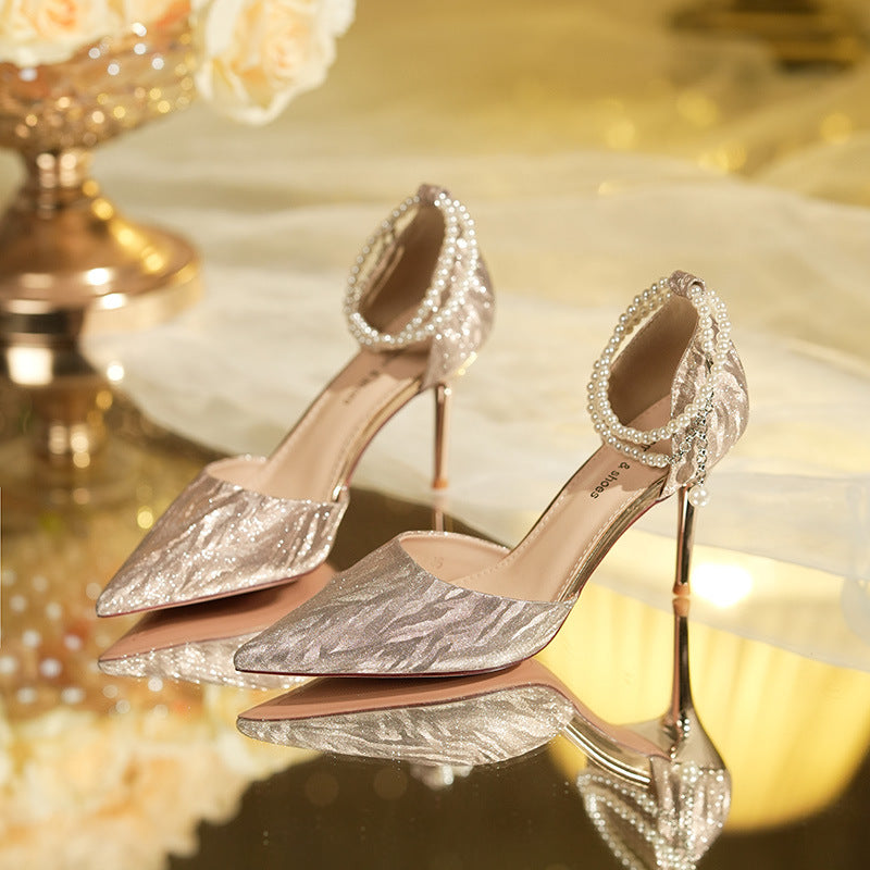 French style gentle pearl shiny microfiber one-strap hollow stiletto high heels wedding shoes H142