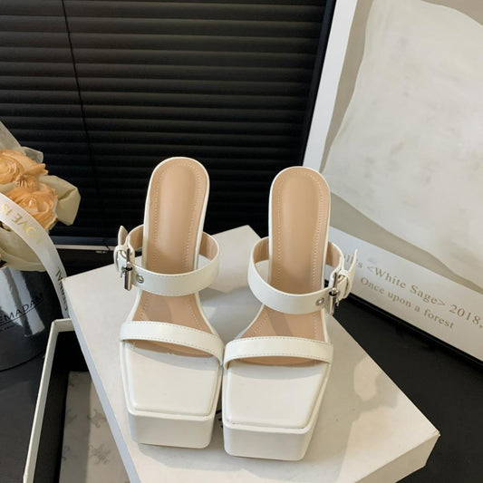 2024 new waterproof platform belt buckle square head thick high heel super high heel sandals V239