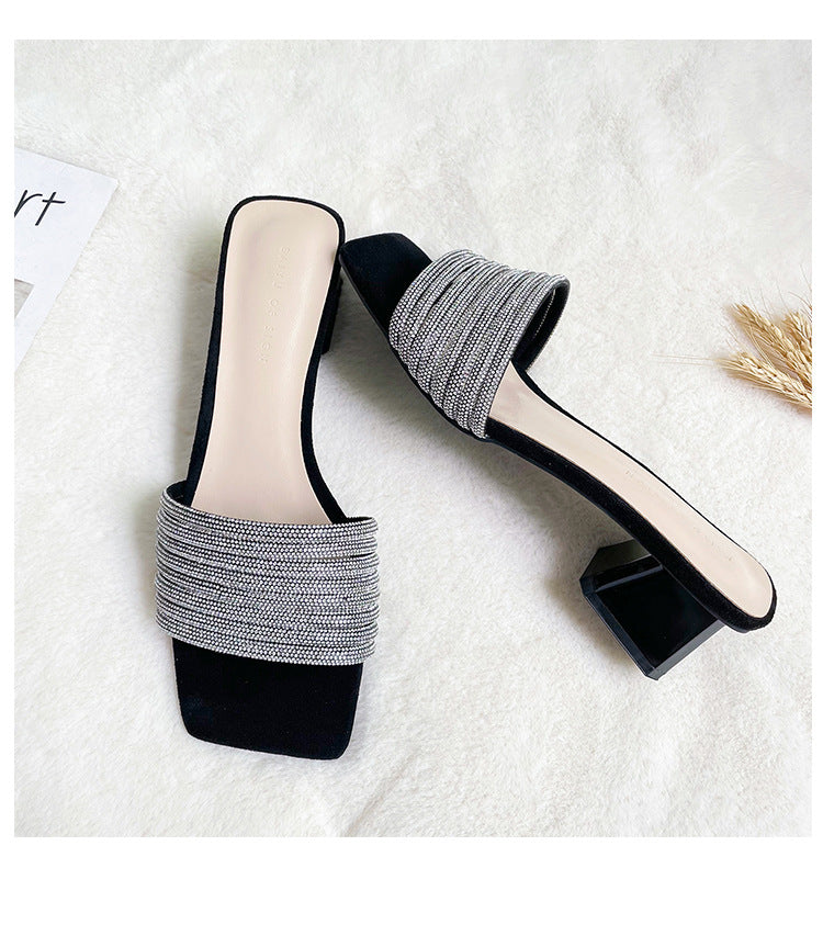 Square toe rhinestone women's sandals, new high-heeled sandals and slippers, comfortable outer shoes LD351