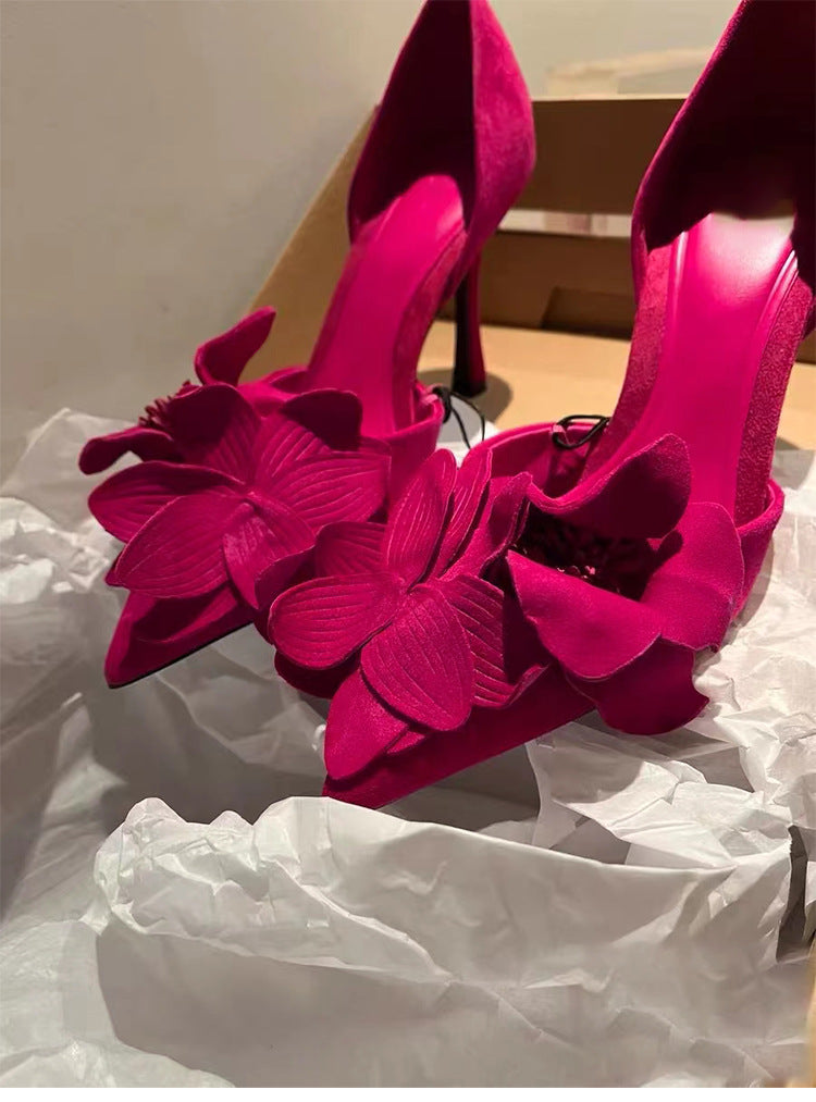 Rose red flower decorated high heels sexy French style slip-on stiletto pointed sandals LD295