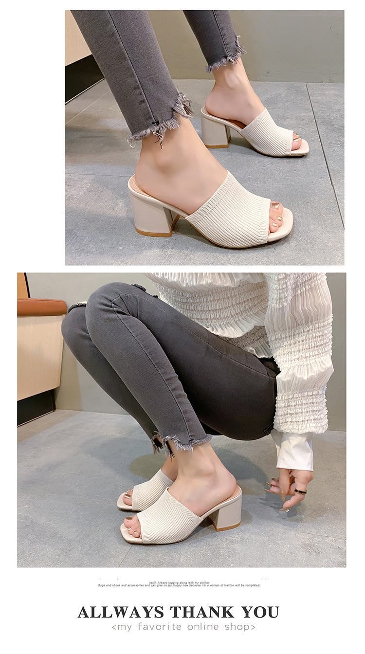 2024 New Women's Knitted High Heel Square Toe Sandals JC034