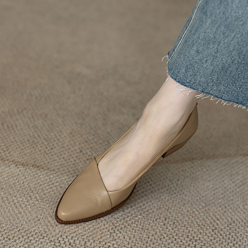 New style genuine leather pointed toe shallow mouth stitching leather low heel shoes CH796