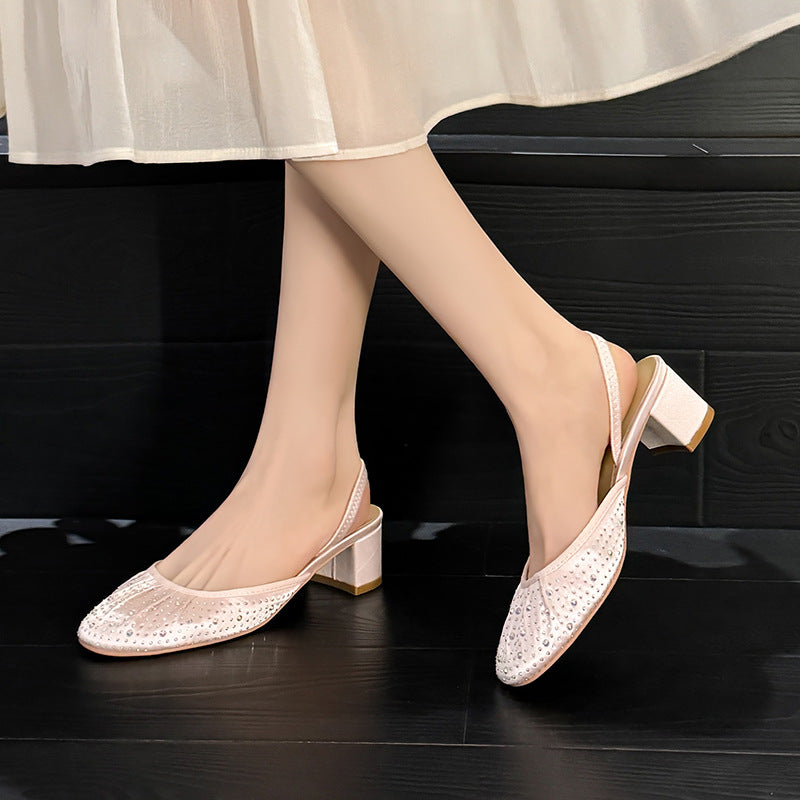 Diamond round toe sandals with thick heels and sheepskin elastic band slippers G635