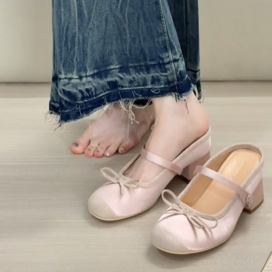 New bow-knot half-slippers, high-quality silk high-heeled slippers G762