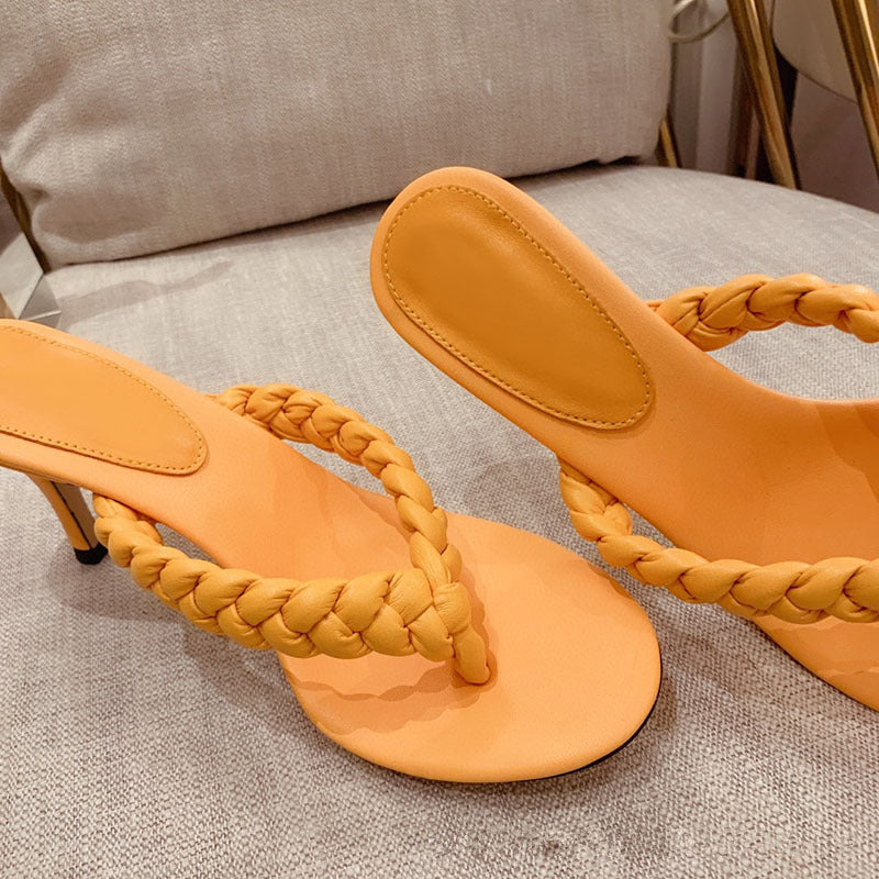 Summer colorful round toe genuine leather sole braided strap flip flops LY1146