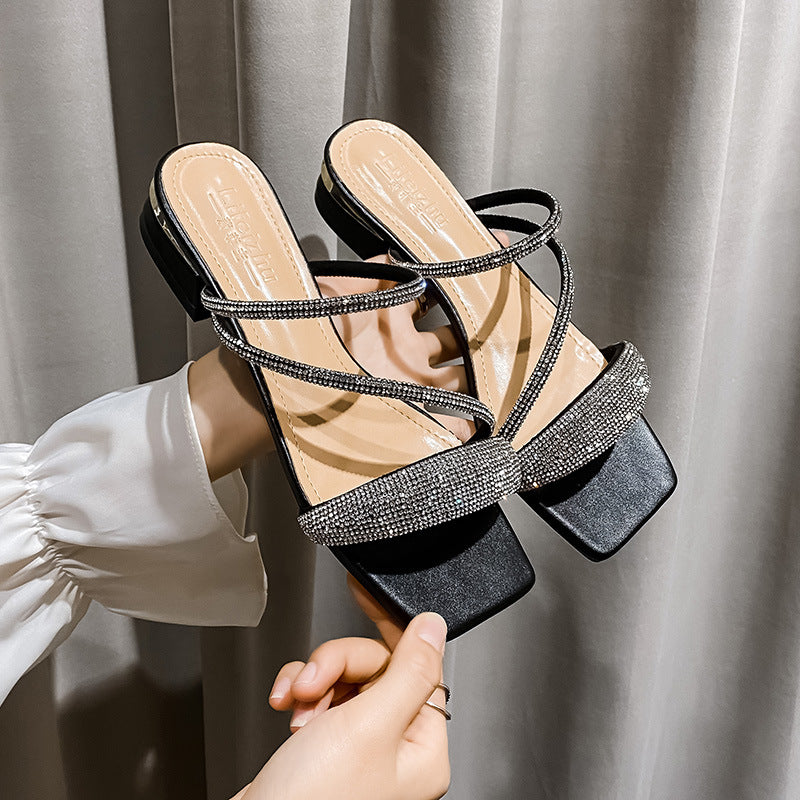 Women's new large size slippers for outerwear fashion widened and fattened summer rhinestone mid-heeled sandals LD410
