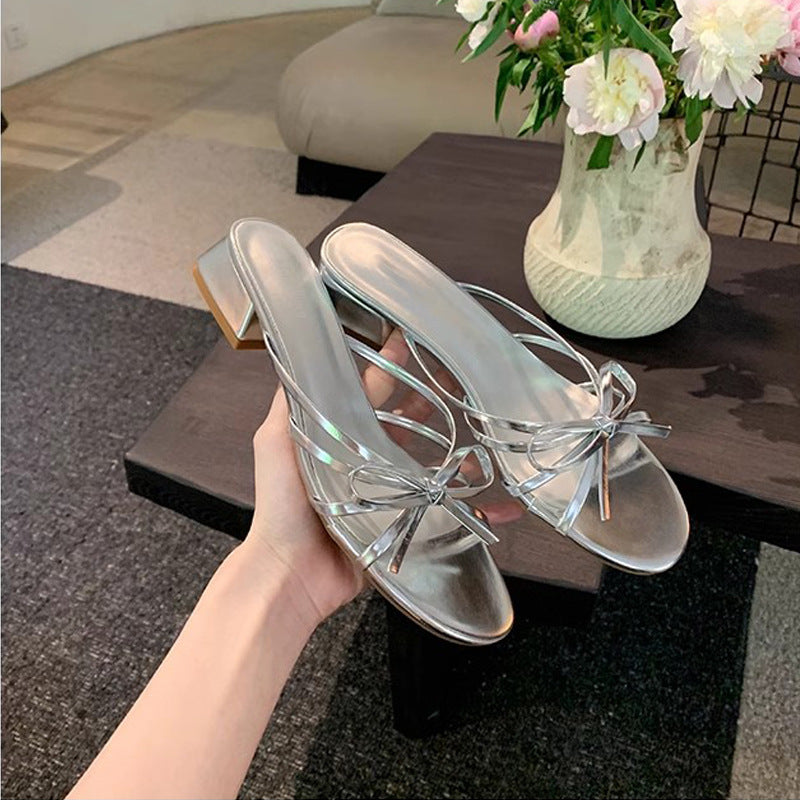 Sweet Bow Knot Versatile Small Chunk Heel Open Toe Sandals for Women's Summer Outerwear LD255