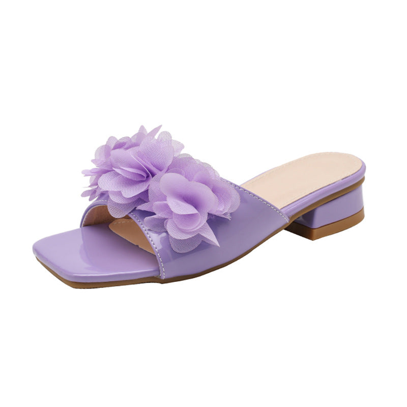 New lace sandals purple beach shoes square toe thick heel slippers LD213