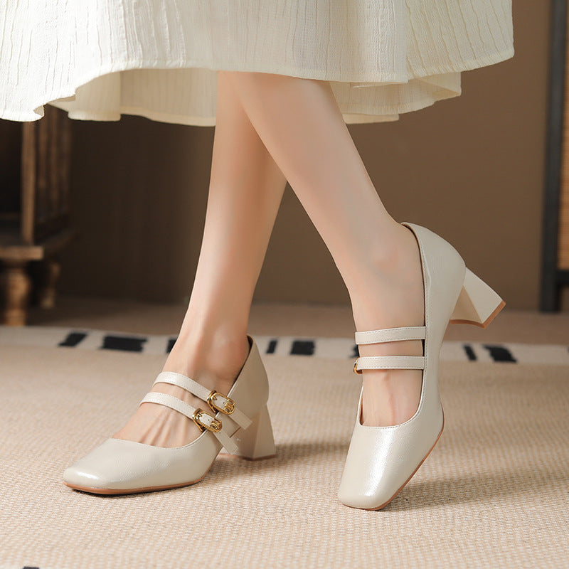 Oil-tanned leather square toe women's thick heel one-strap shallow-mouth single shoes all-match high heels LD315