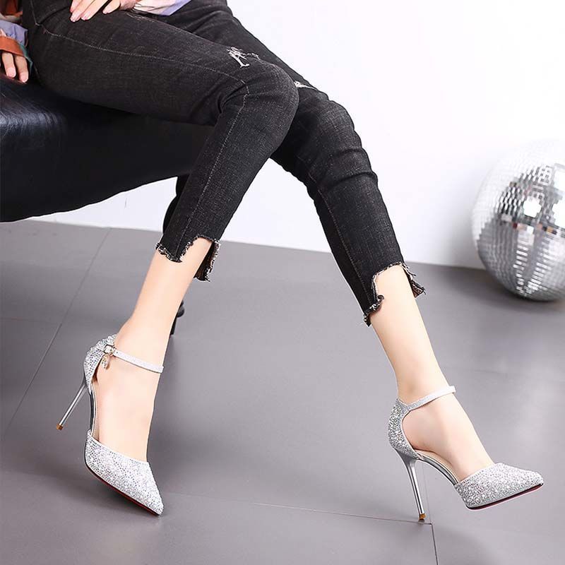Temperament pointed toe slim high heels women 2024 spring and summer stiletto sandals sexy rhinestone wedding shoes JC103